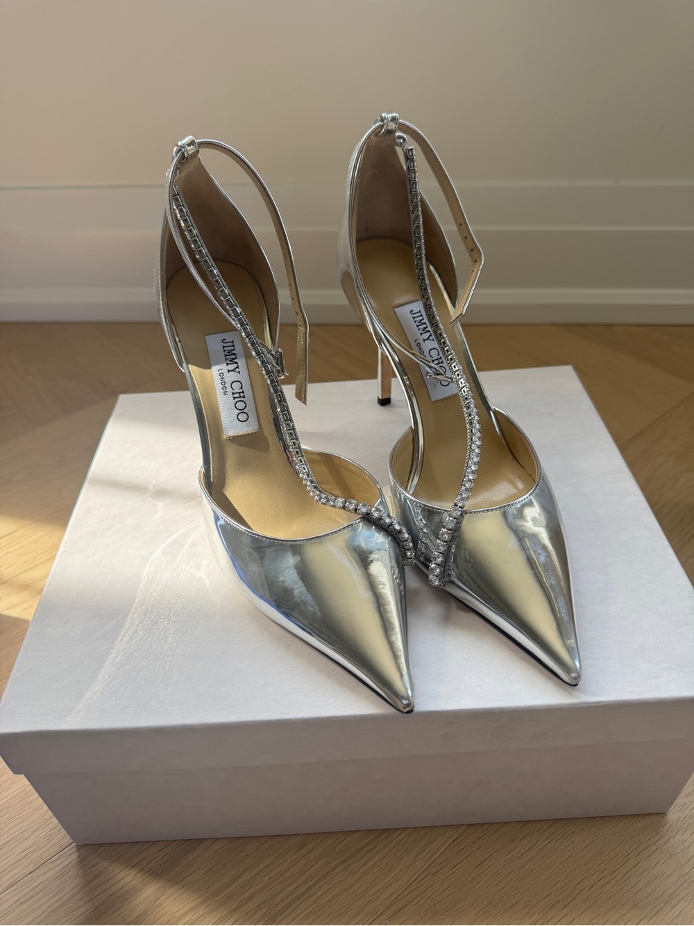 Jimmy Choo Silver Metallic Pointed-Toe T-Strap Heels with Crystal Accents
